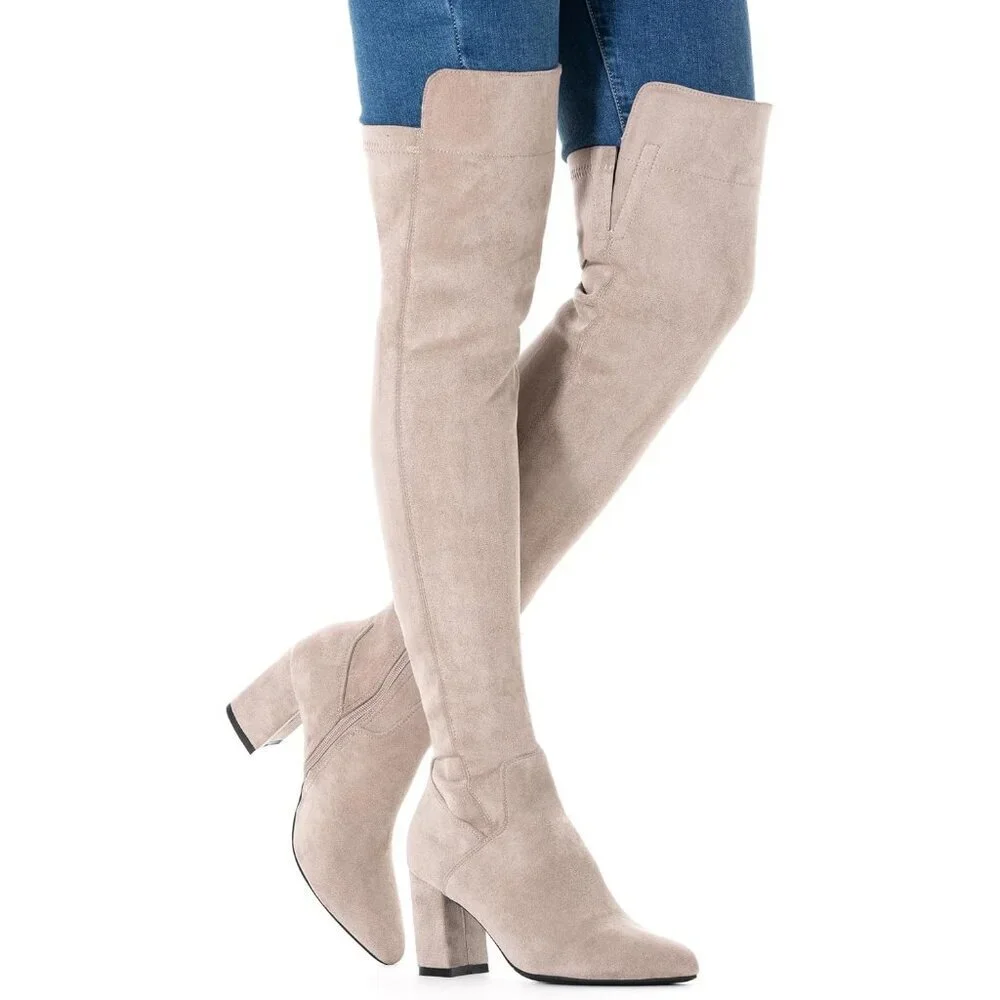 Women Cream/3 Inch Heel Faux Suede Over The Knee Thigh High Low Block Heel Boot